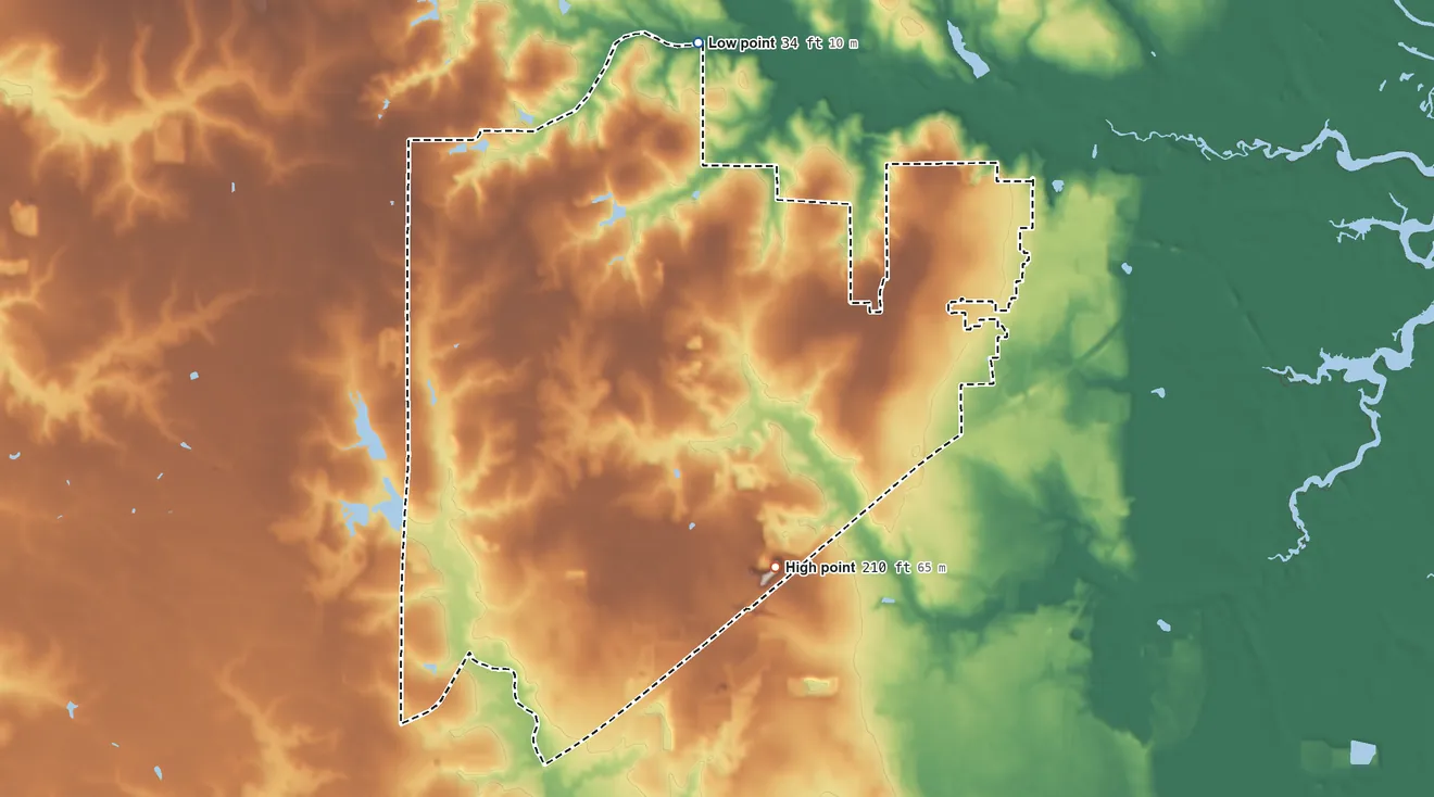 Topographic elevation map of Tillmans Corner, Alabama, shaded from 34 ft on the north side to 210 ft on the southeast side