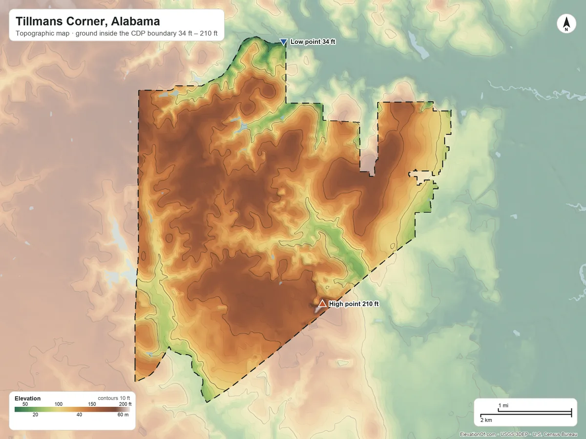 Topographic elevation map of Tillmans Corner, Alabama, shaded from 34 ft on the north side to 210 ft on the southeast side