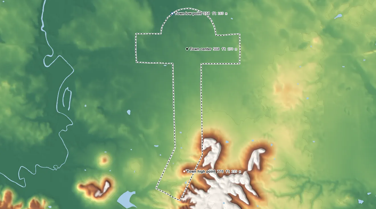 Topographic elevation map of Town Creek, Alabama, shaded from 550 ft on the northwest side to 770 ft on the south side