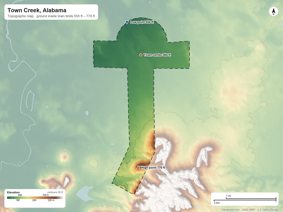 Topographic elevation map of Town Creek, Alabama, shaded from 550 ft on the northwest side to 770 ft on the south side