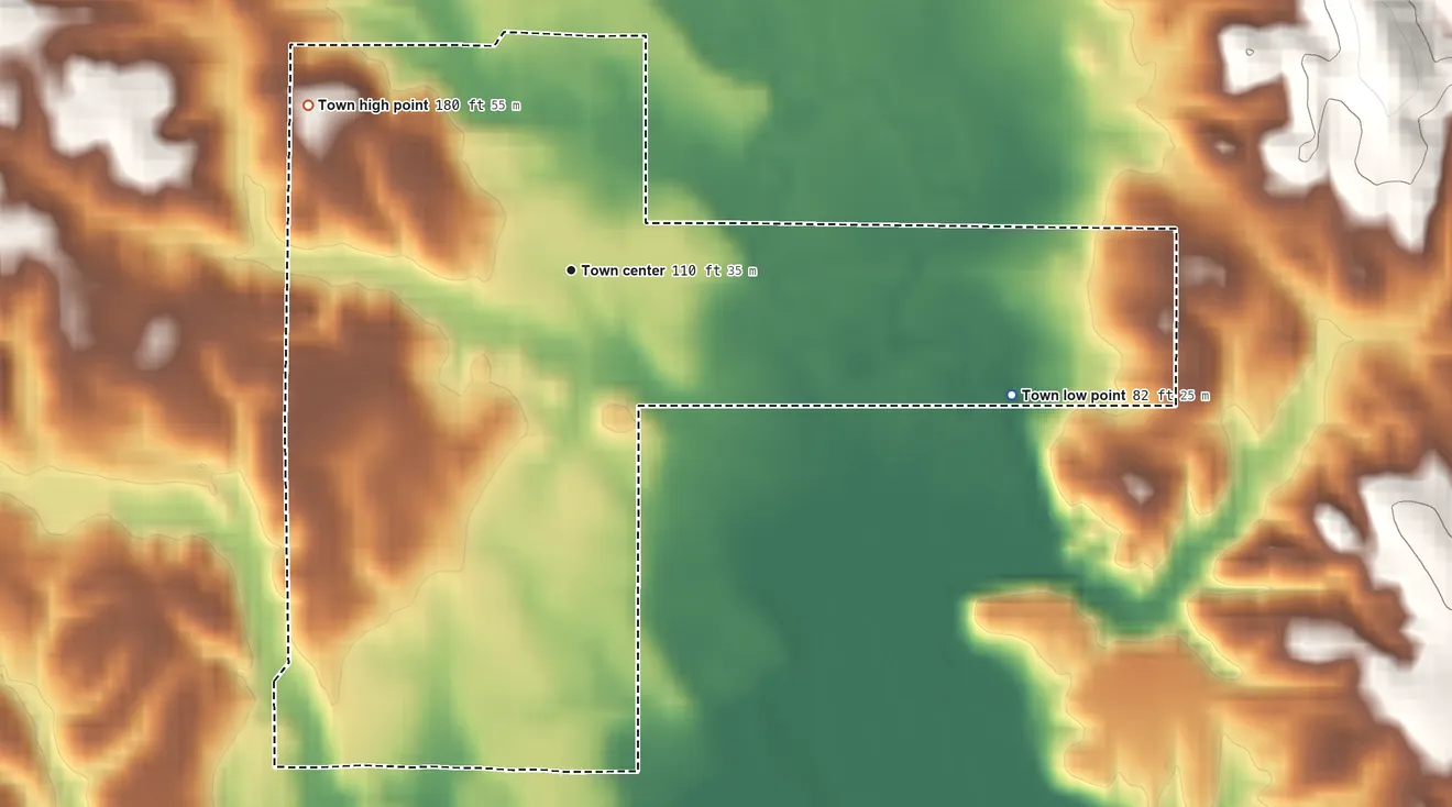 Topographic elevation map of Toxey, Alabama, shaded from 82 ft on the east side to 180 ft on the northwest side