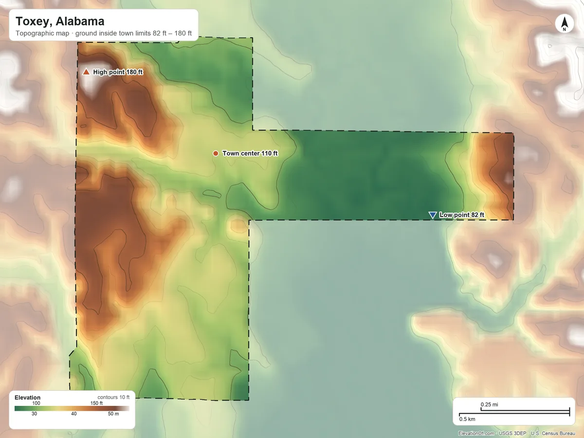 Topographic elevation map of Toxey, Alabama, shaded from 82 ft on the east side to 180 ft on the northwest side