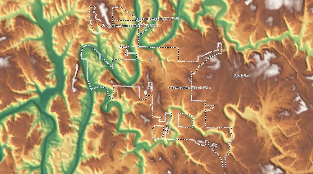 Topographic elevation map of Trafford, Alabama, shaded from 320 ft on the northwest side to 600 ft on the northwest side
