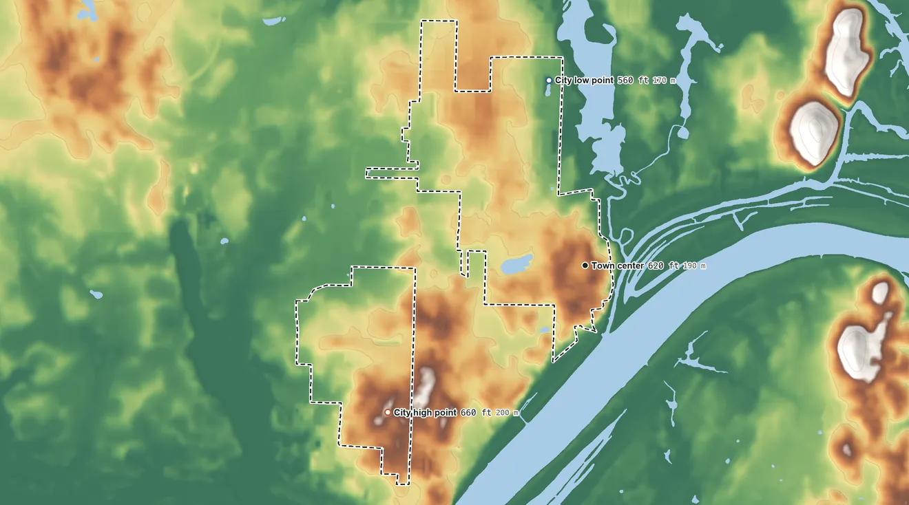 Topographic elevation map of Triana, Alabama, shaded from 560 ft on the north side to 660 ft on the southwest side