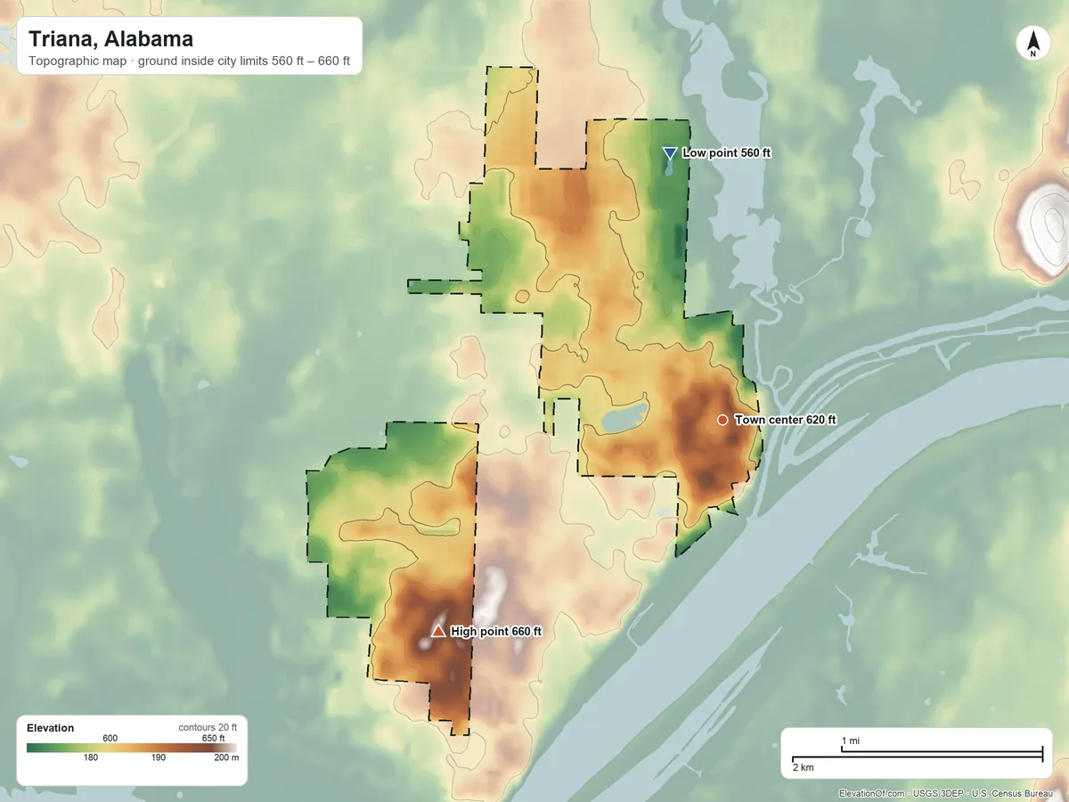 Topographic elevation map of Triana, Alabama, shaded from 560 ft on the north side to 660 ft on the southwest side