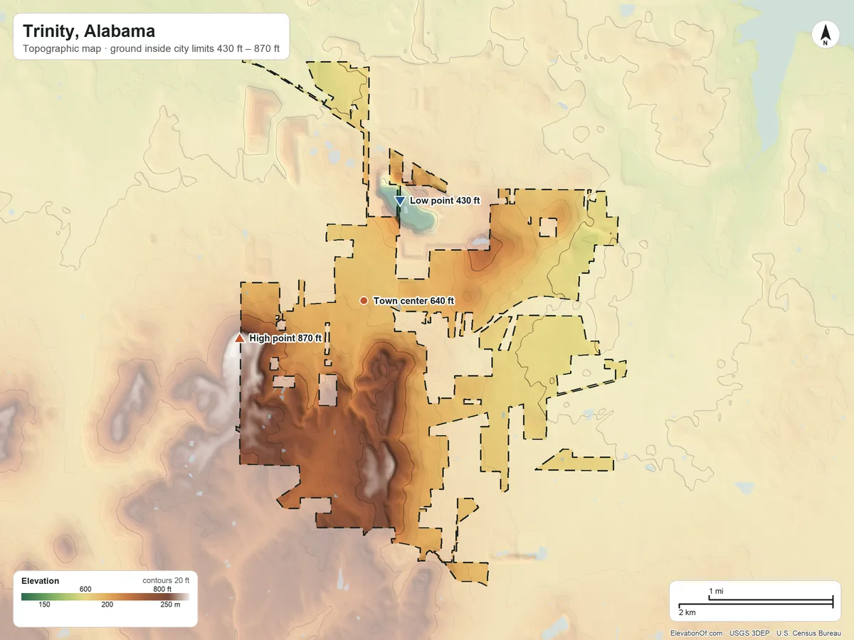 Topographic elevation map of Trinity, Alabama, shaded from 430 ft on the north side to 870 ft on Trinity Mountain