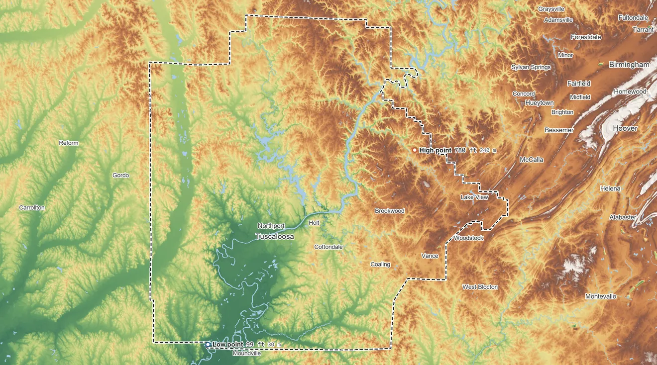 Topographic elevation map of Tuscaloosa County, Alabama, shaded from 99 ft on the southwest side to 780 ft on Round Mountain