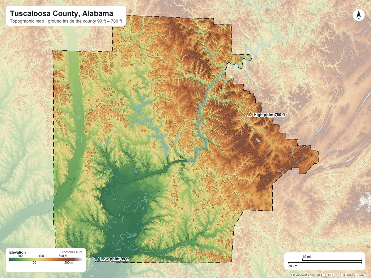 Topographic elevation map of Tuscaloosa County, Alabama, shaded from 99 ft on the southwest side to 780 ft on Round Mountain