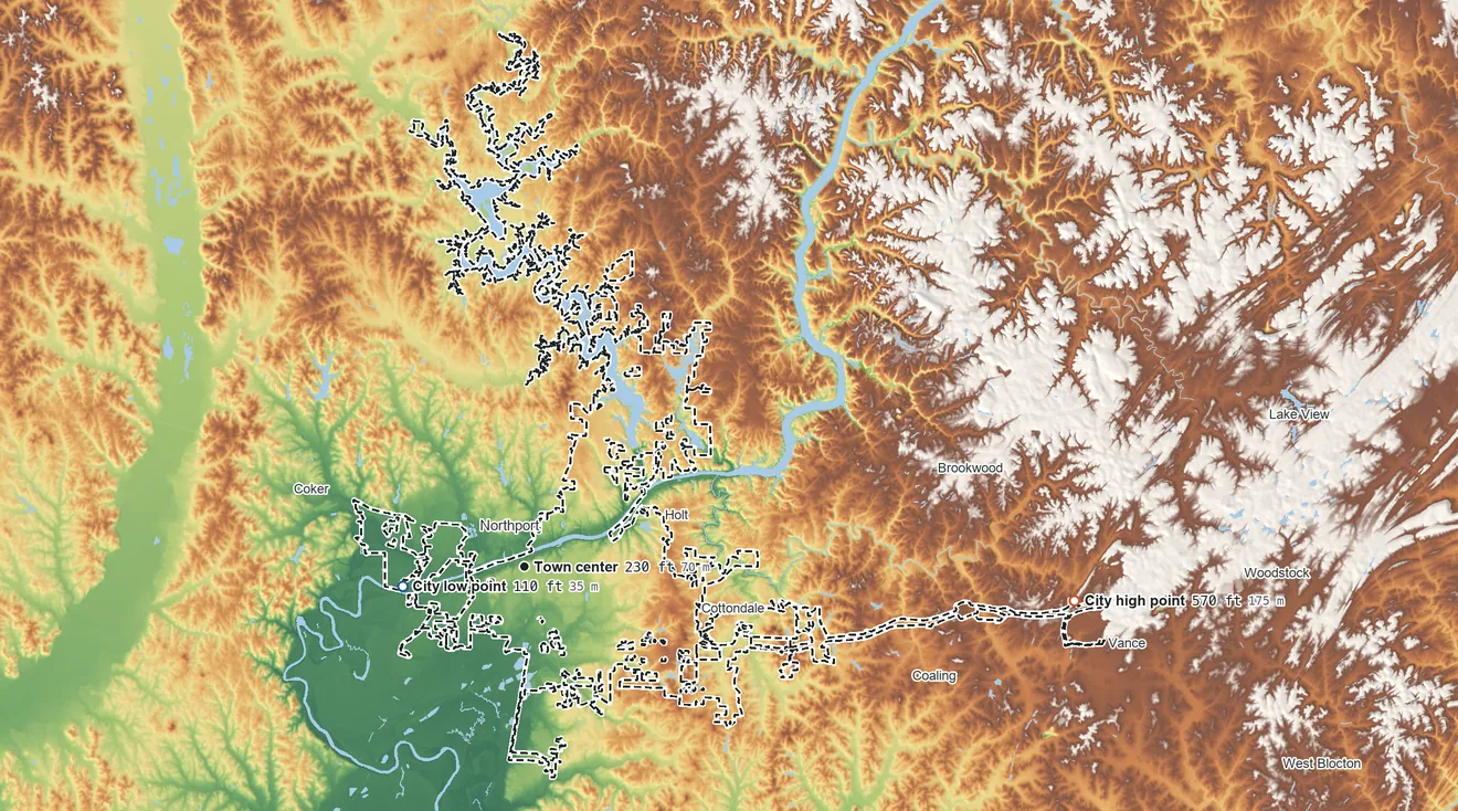 Topographic elevation map of Tuscaloosa, Alabama, shaded from 110 ft on the west side to 570 ft on the east side