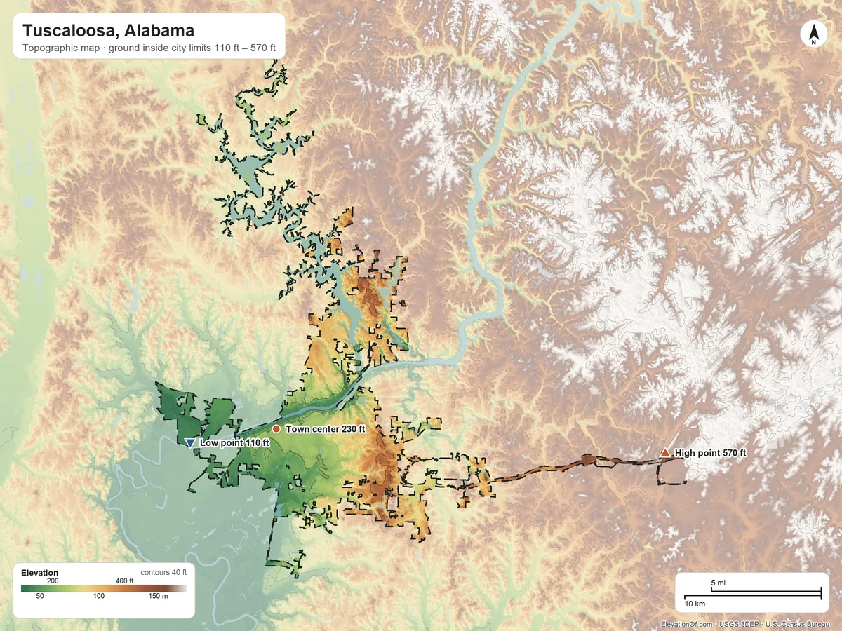Topographic elevation map of Tuscaloosa, Alabama, shaded from 110 ft on the west side to 570 ft on the east side
