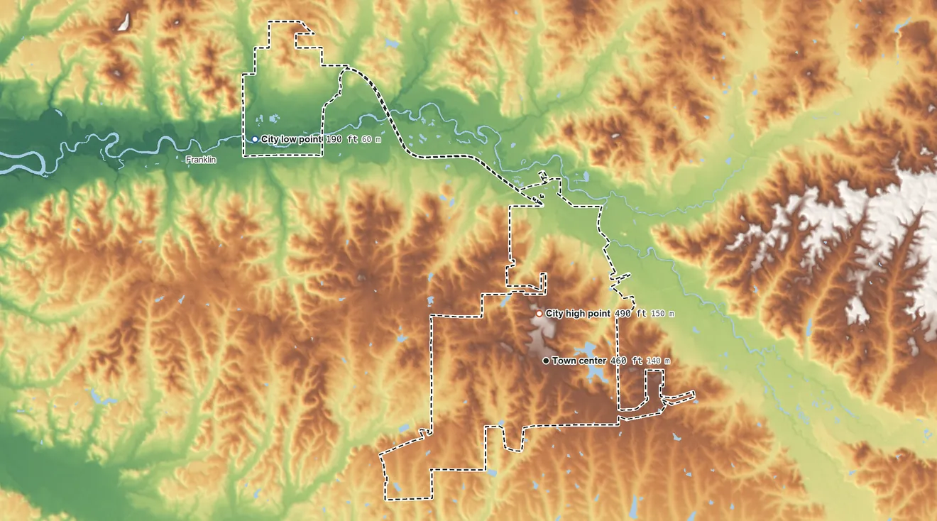 Topographic elevation map of Tuskegee, Alabama, shaded from 190 ft on the northwest side to 490 ft near the middle