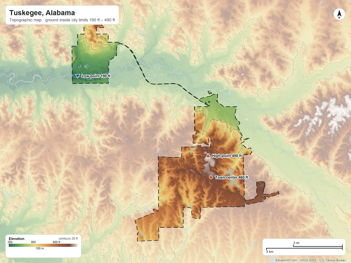 Topographic elevation map of Tuskegee, Alabama, shaded from 190 ft on the northwest side to 490 ft near the middle