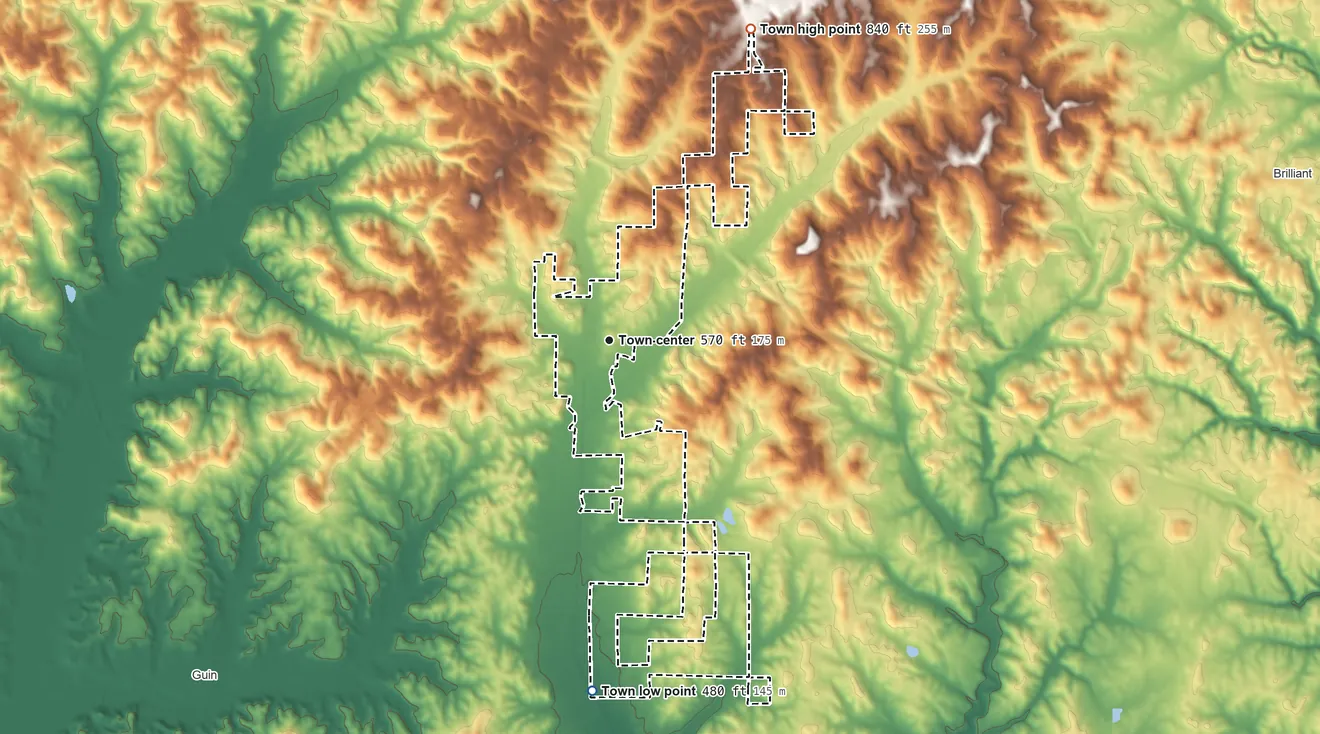 Topographic elevation map of Twin, Alabama, shaded from 480 ft on the south side to 840 ft on the northeast side