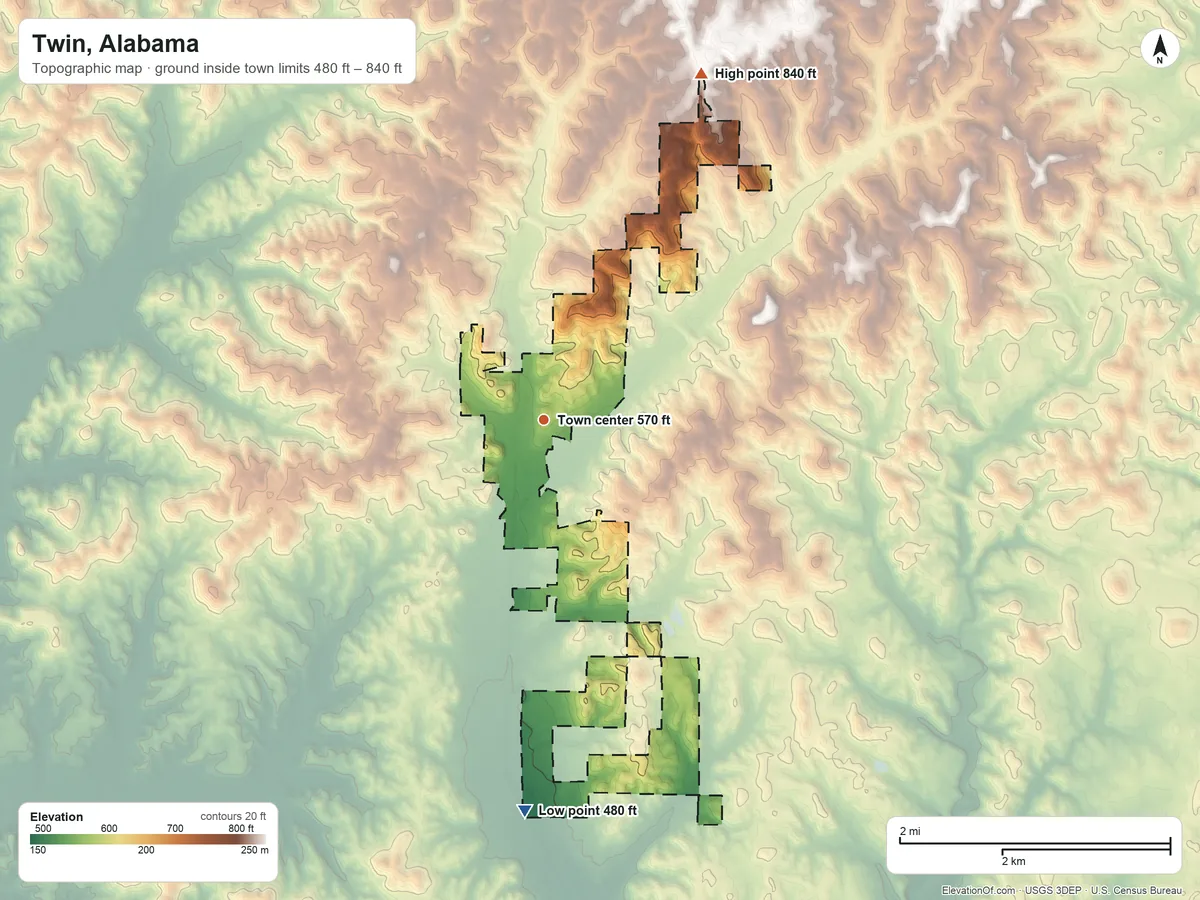 Topographic elevation map of Twin, Alabama, shaded from 480 ft on the south side to 840 ft on the northeast side
