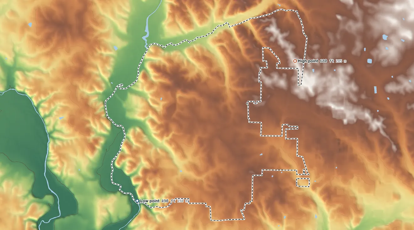 Topographic elevation map of Underwood-Petersville, Alabama, shaded from 490 ft on the southwest side to 680 ft on the northeast side