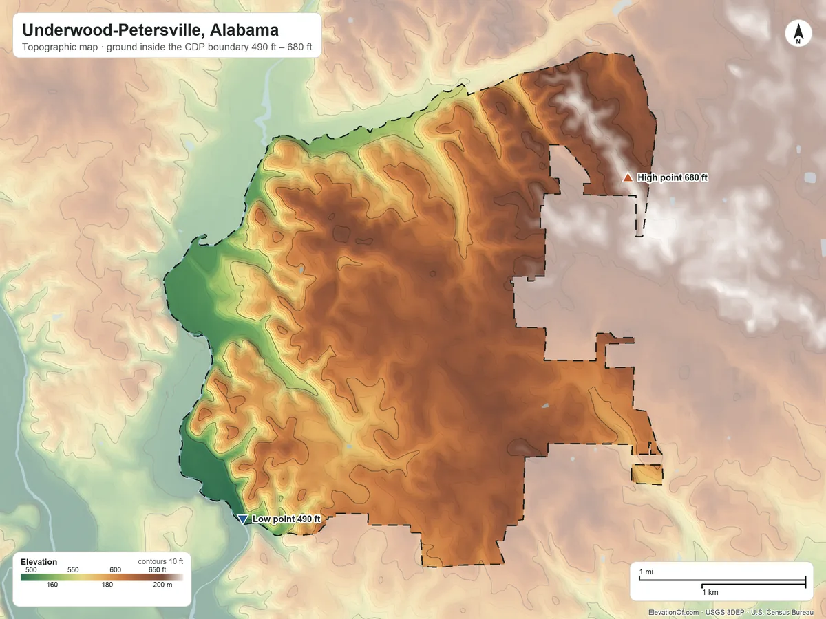 Topographic elevation map of Underwood-Petersville, Alabama, shaded from 490 ft on the southwest side to 680 ft on the northeast side