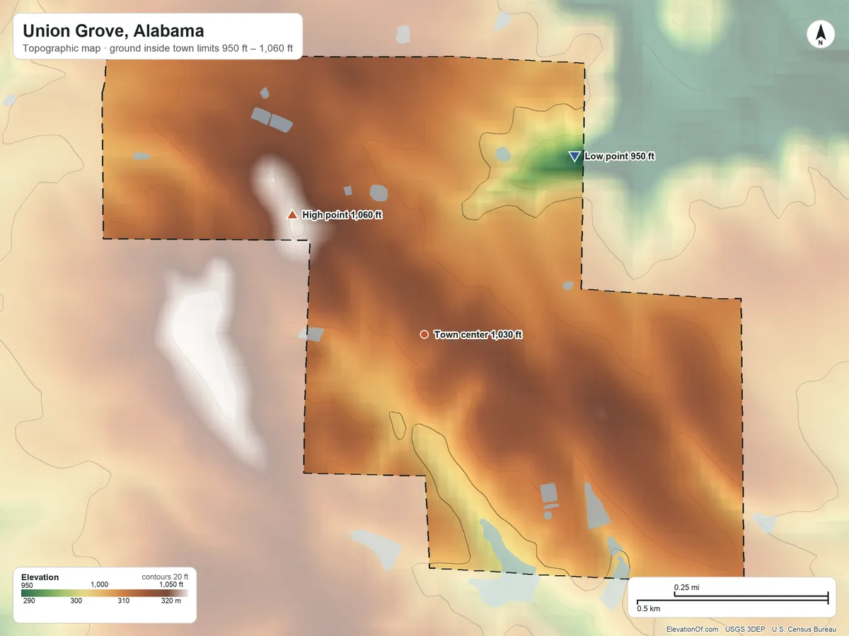 Topographic elevation map of Union Grove, Alabama, shaded from 950 ft on the northeast side to 1,060 ft on the northwest side