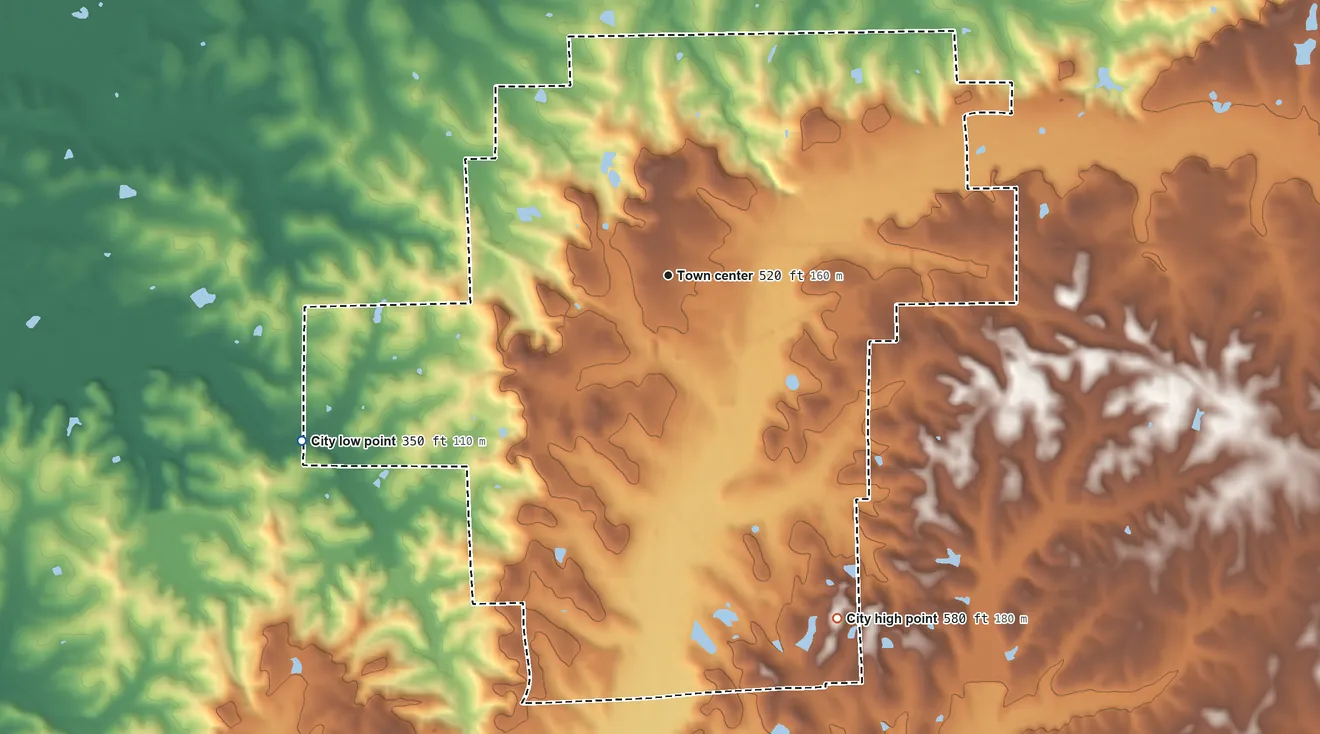 Topographic elevation map of Union Springs, Alabama, shaded from 350 ft on the southwest side to 580 ft on the southeast side