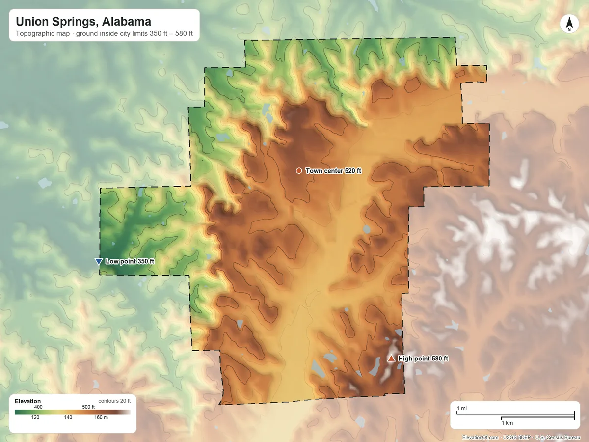 Topographic elevation map of Union Springs, Alabama, shaded from 350 ft on the southwest side to 580 ft on the southeast side