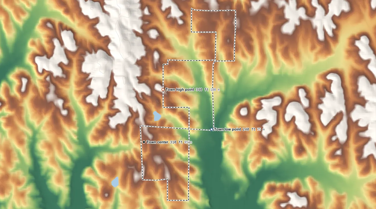 Topographic elevation map of Union, Alabama, shaded from 240 ft on the east side to 340 ft on the north side