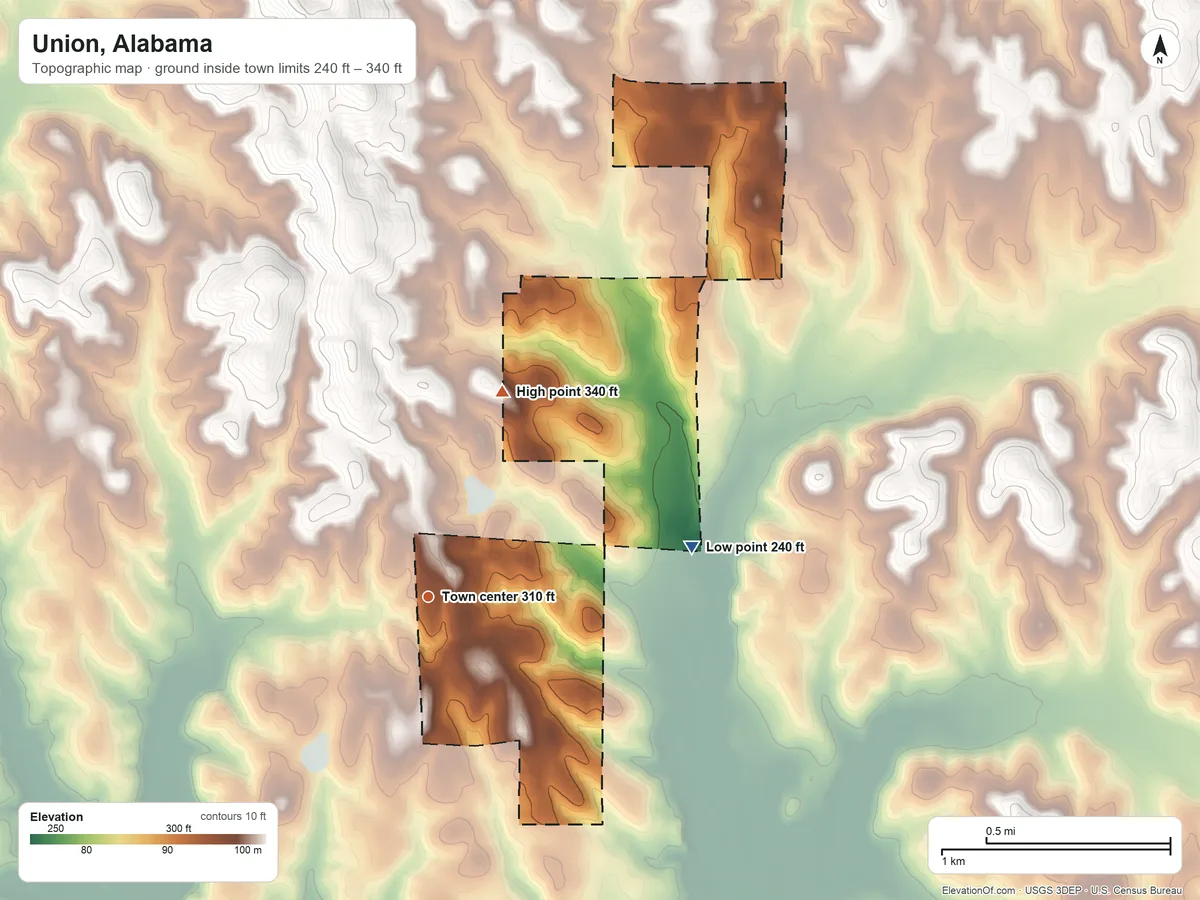 Topographic elevation map of Union, Alabama, shaded from 240 ft on the east side to 340 ft on the north side