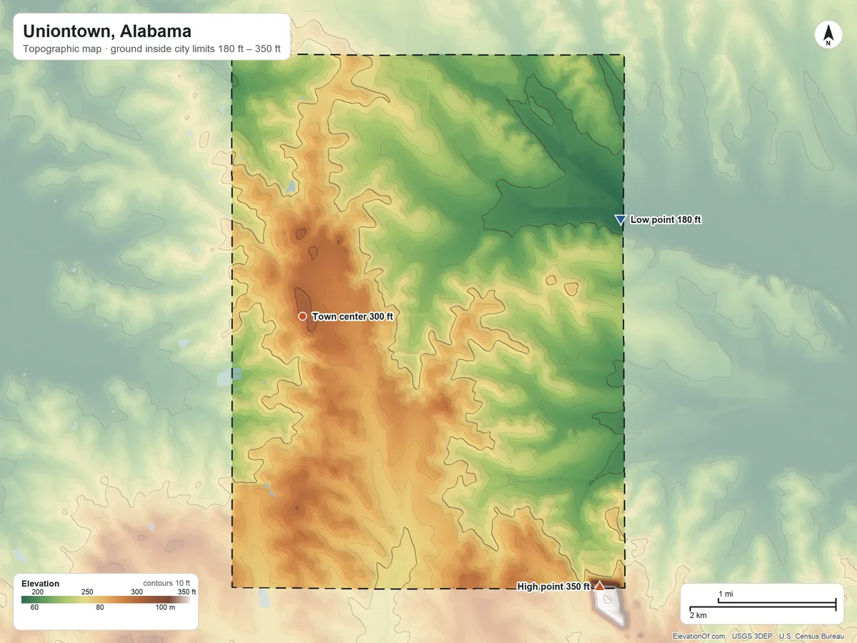 Topographic elevation map of Uniontown, Alabama, shaded from 180 ft on the east side to 350 ft on the southeast side