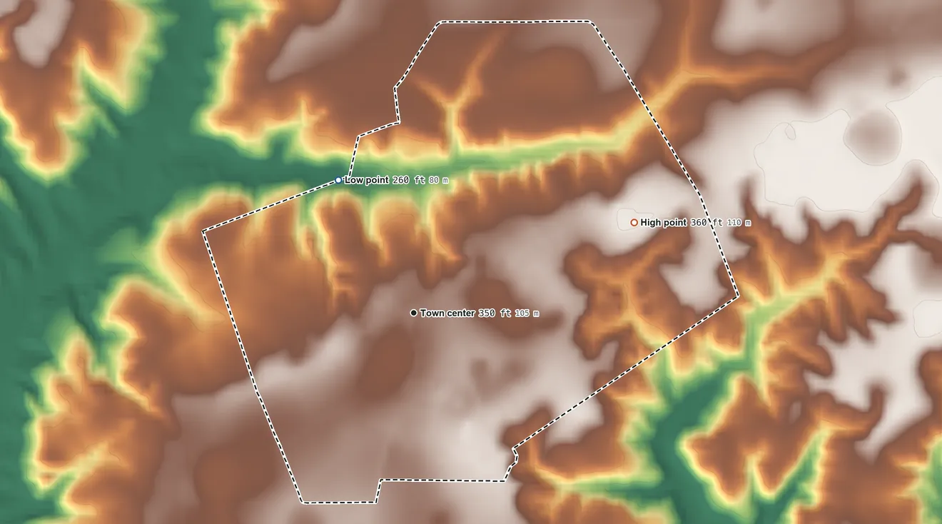 Topographic elevation map of Uriah, Alabama, shaded from 260 ft on the northwest side to 360 ft on the east side