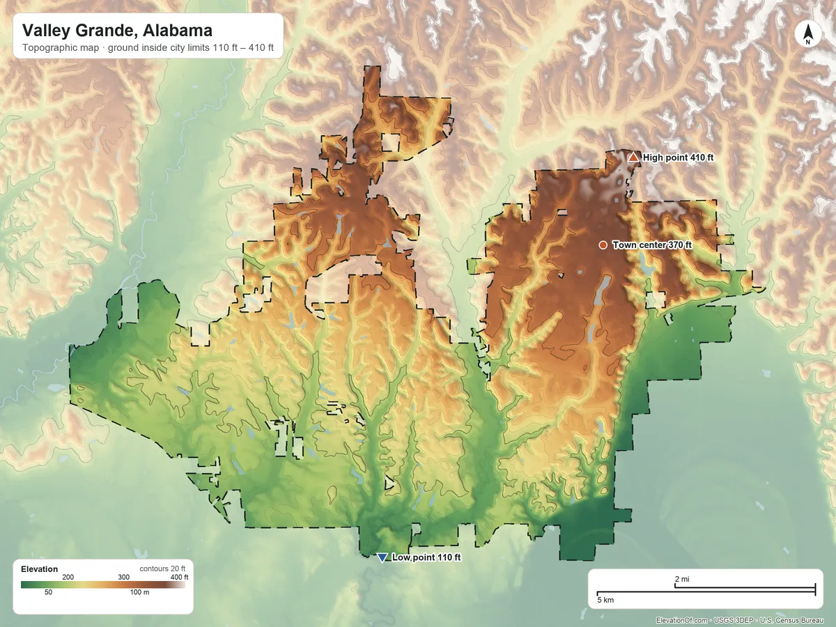 Topographic elevation map of Valley Grande, Alabama, shaded from 110 ft on the southwest side to 410 ft on the north side