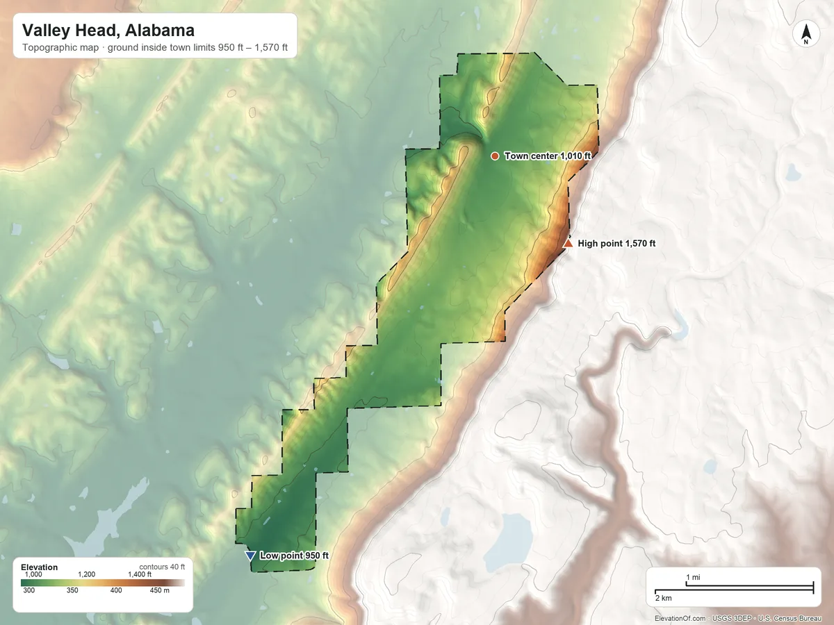 Topographic elevation map of Valley Head, Alabama, shaded from 950 ft on the southwest side to 1,570 ft on the southeast side