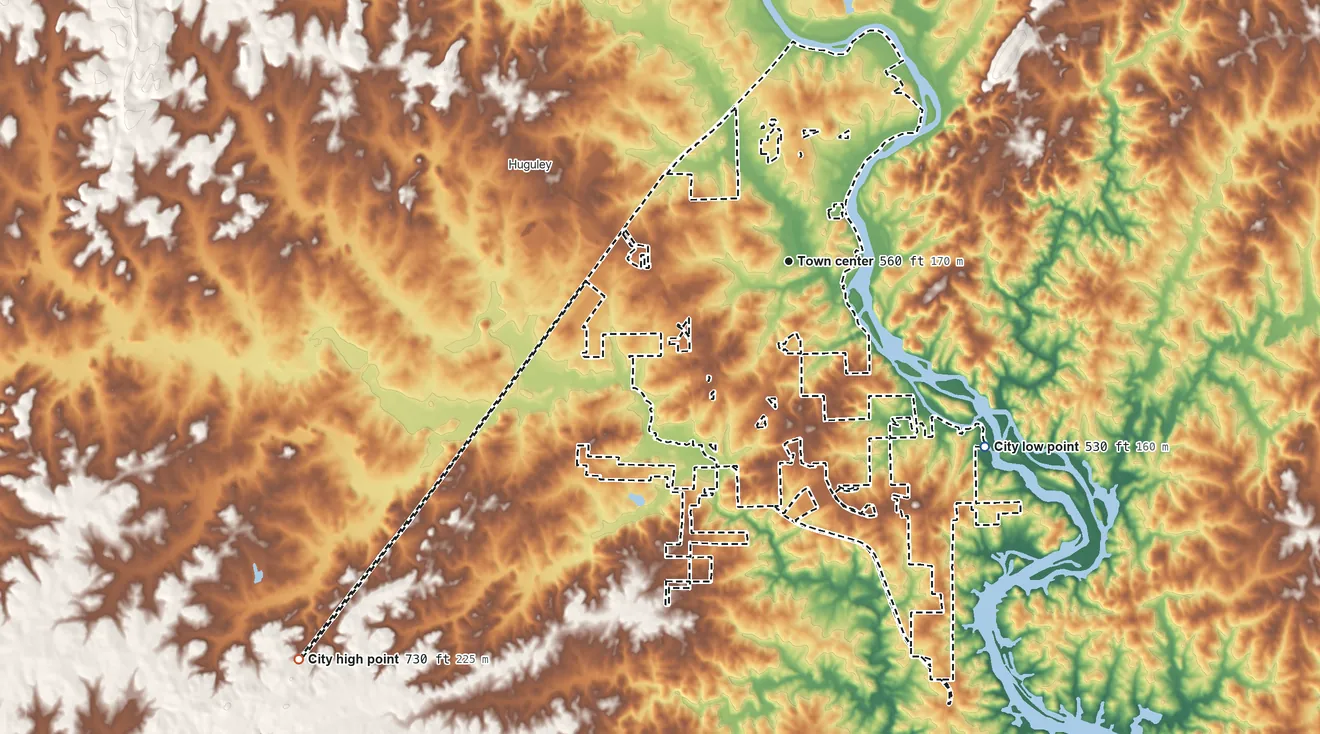 Topographic elevation map of Valley, Alabama, shaded from 530 ft on the southeast side to 730 ft on the southwest side