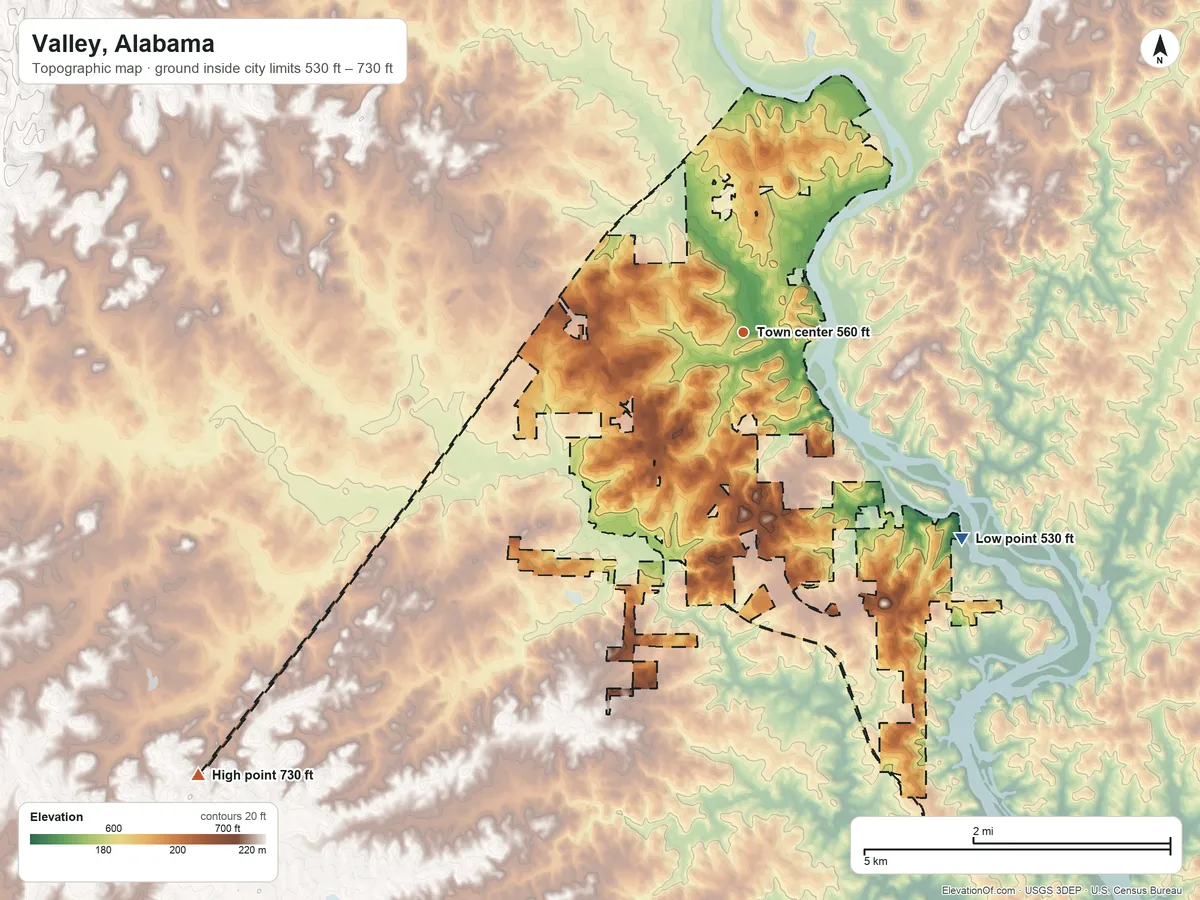 Topographic elevation map of Valley, Alabama, shaded from 530 ft on the southeast side to 730 ft on the southwest side