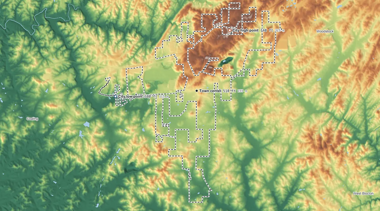 Topographic elevation map of Vance, Alabama, shaded from 380 ft on the west side to 740 ft on the northeast side