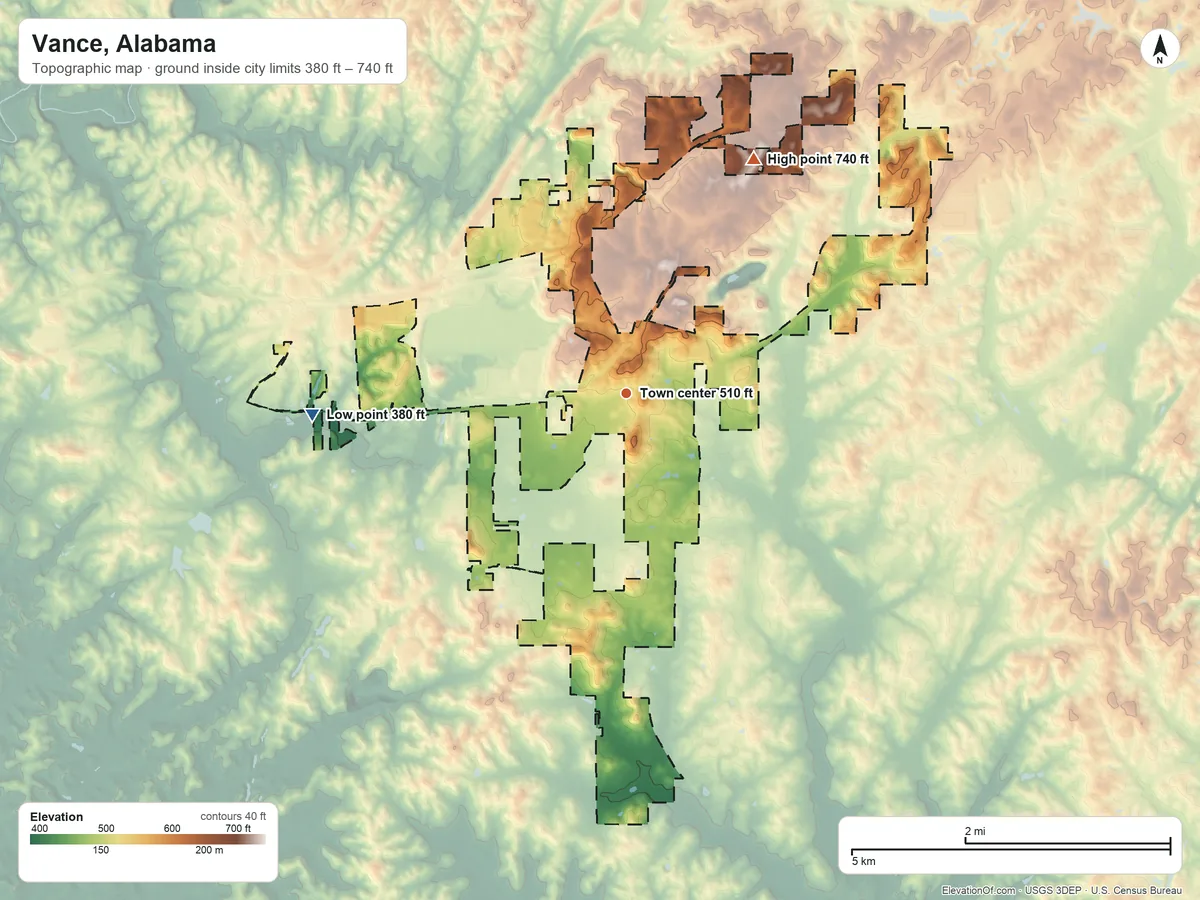 Topographic elevation map of Vance, Alabama, shaded from 380 ft on the west side to 740 ft on the northeast side