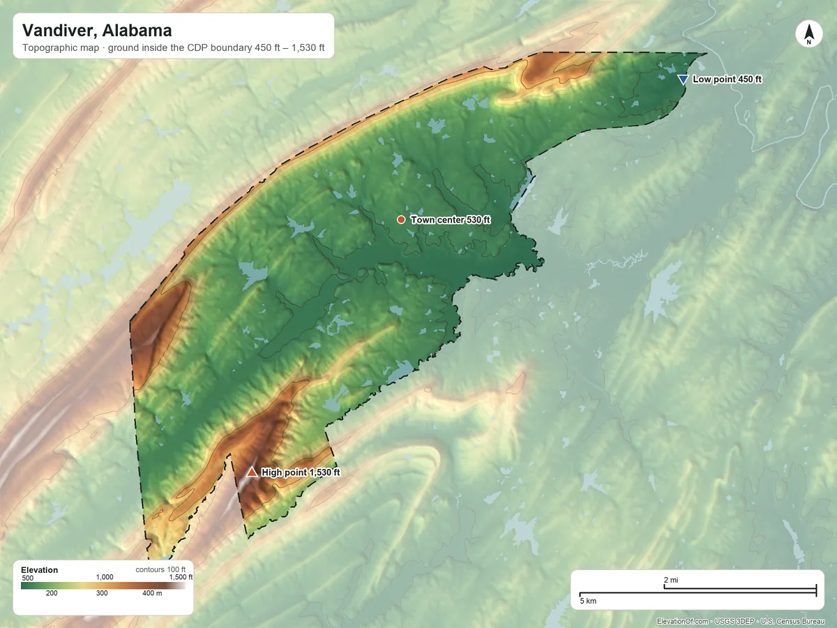 Topographic elevation map of Vandiver, Alabama, shaded from 450 ft on the northeast side to 1,530 ft on Sand Mountain
