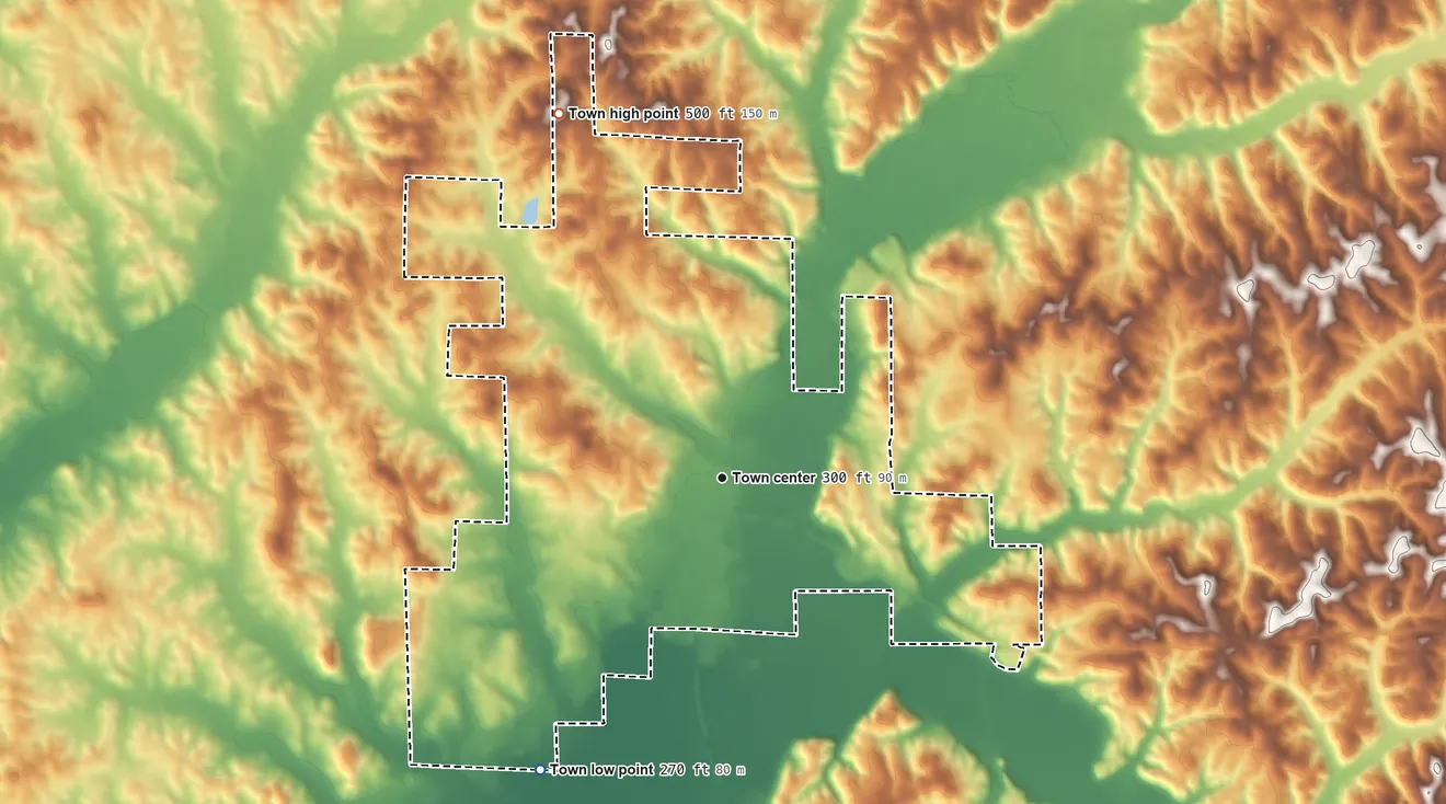 Topographic elevation map of Vernon, Alabama, shaded from 270 ft on the southwest side to 500 ft on the northwest side