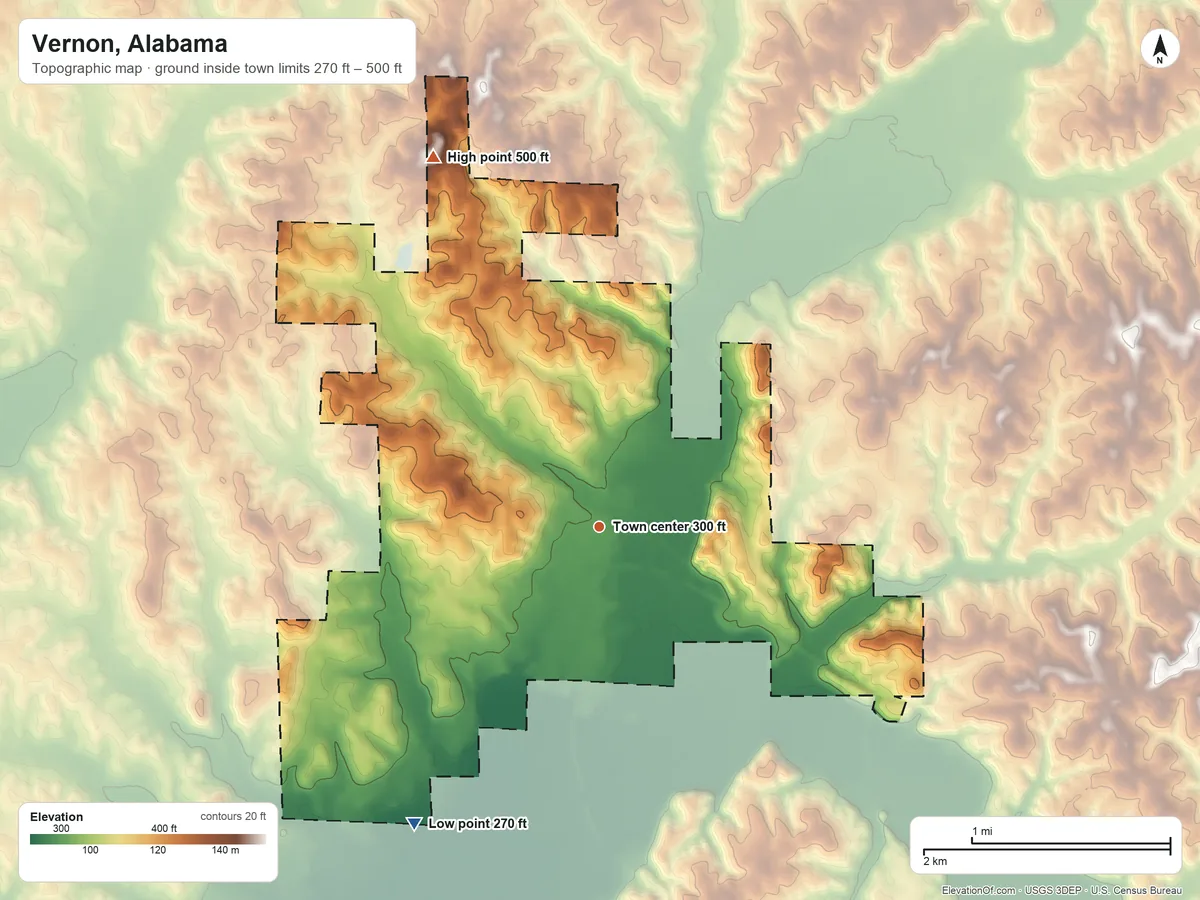 Topographic elevation map of Vernon, Alabama, shaded from 270 ft on the southwest side to 500 ft on the northwest side
