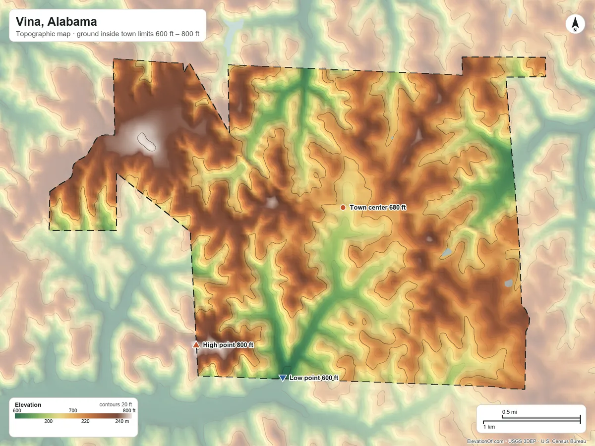 Topographic elevation map of Vina, Alabama, shaded from 600 ft on the south side to 800 ft on the southwest side