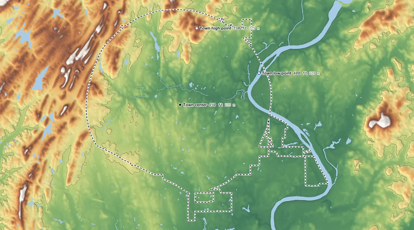 Topographic elevation map of Vincent, Alabama, shaded from 400 ft on the east side to 730 ft on the north side