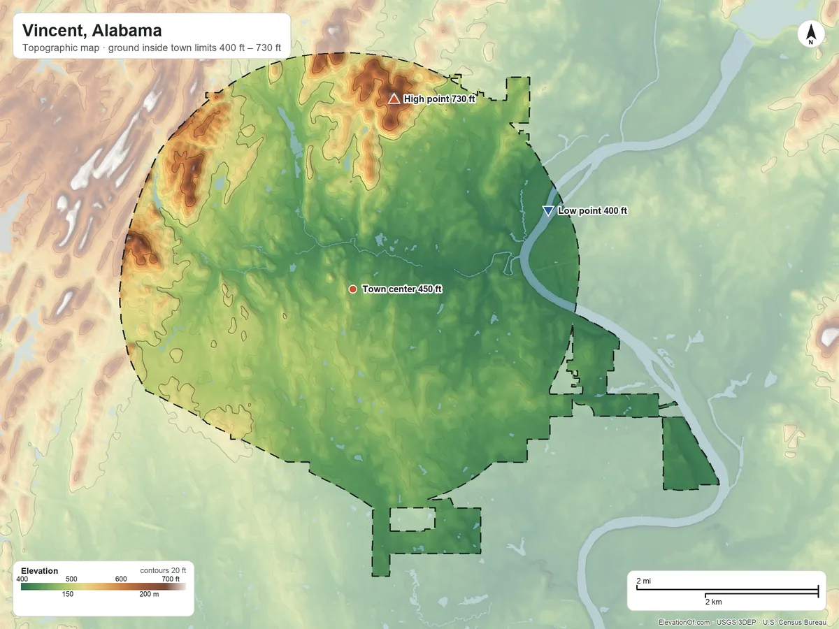 Topographic elevation map of Vincent, Alabama, shaded from 400 ft on the east side to 730 ft on the north side