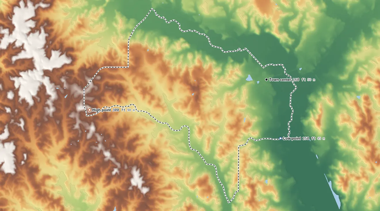 Topographic elevation map of Vinegar Bend, Alabama, shaded from 150 ft on the south side to 300 ft on the west side