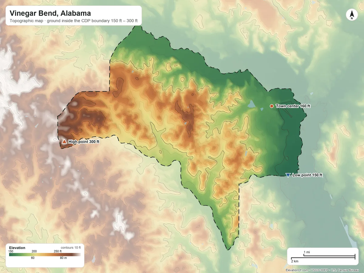 Topographic elevation map of Vinegar Bend, Alabama, shaded from 150 ft on the south side to 300 ft on the west side