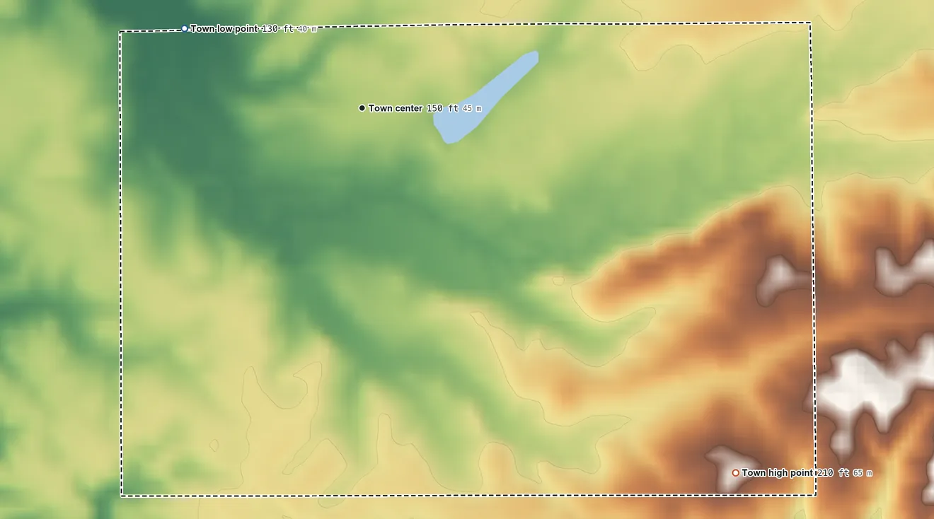 Topographic elevation map of Vredenburgh, Alabama, shaded from 130 ft on the northwest side to 210 ft on the southeast side