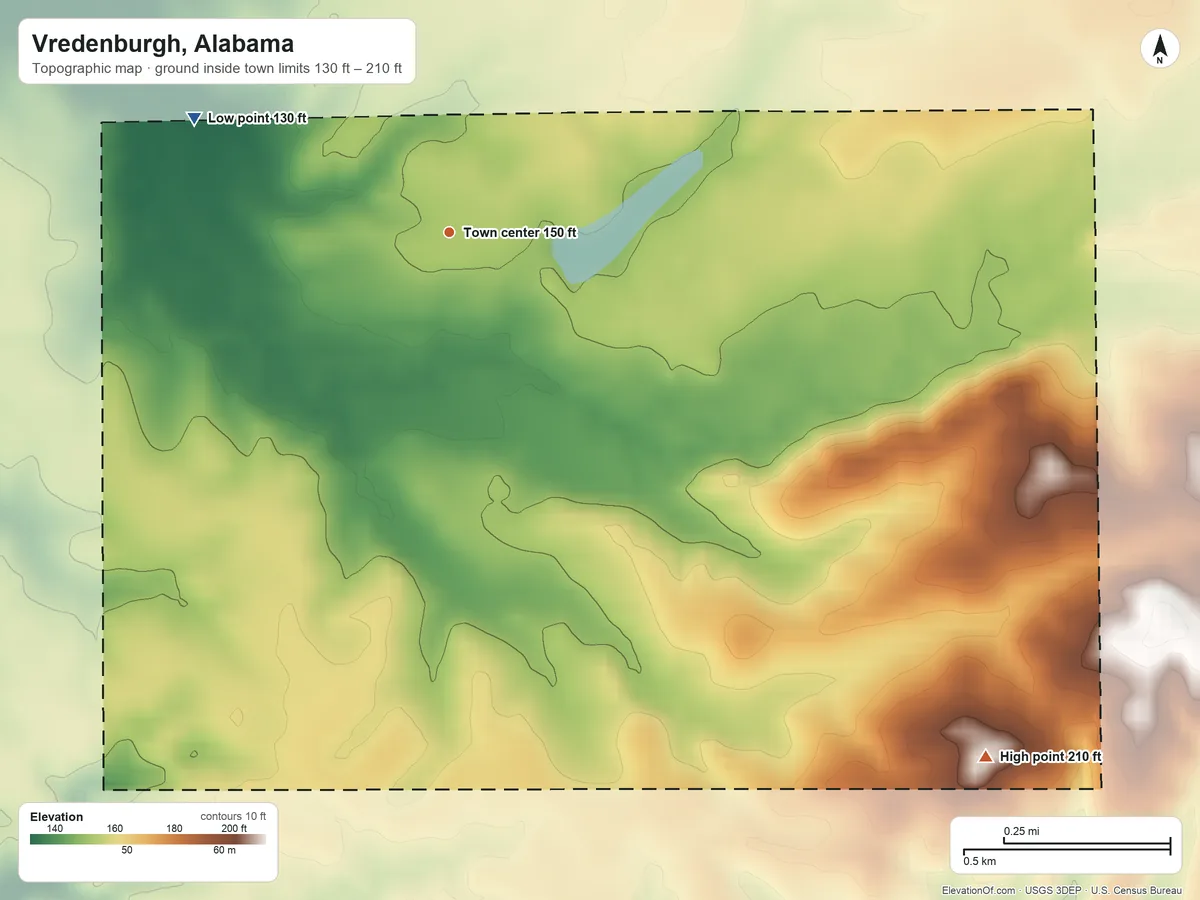 Topographic elevation map of Vredenburgh, Alabama, shaded from 130 ft on the northwest side to 210 ft on the southeast side