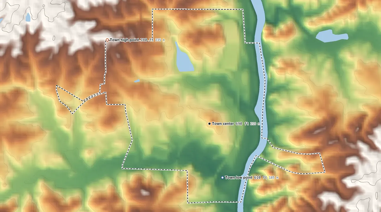Topographic elevation map of Wadley, Alabama, shaded from 610 ft on the south side to 780 ft on the northwest side