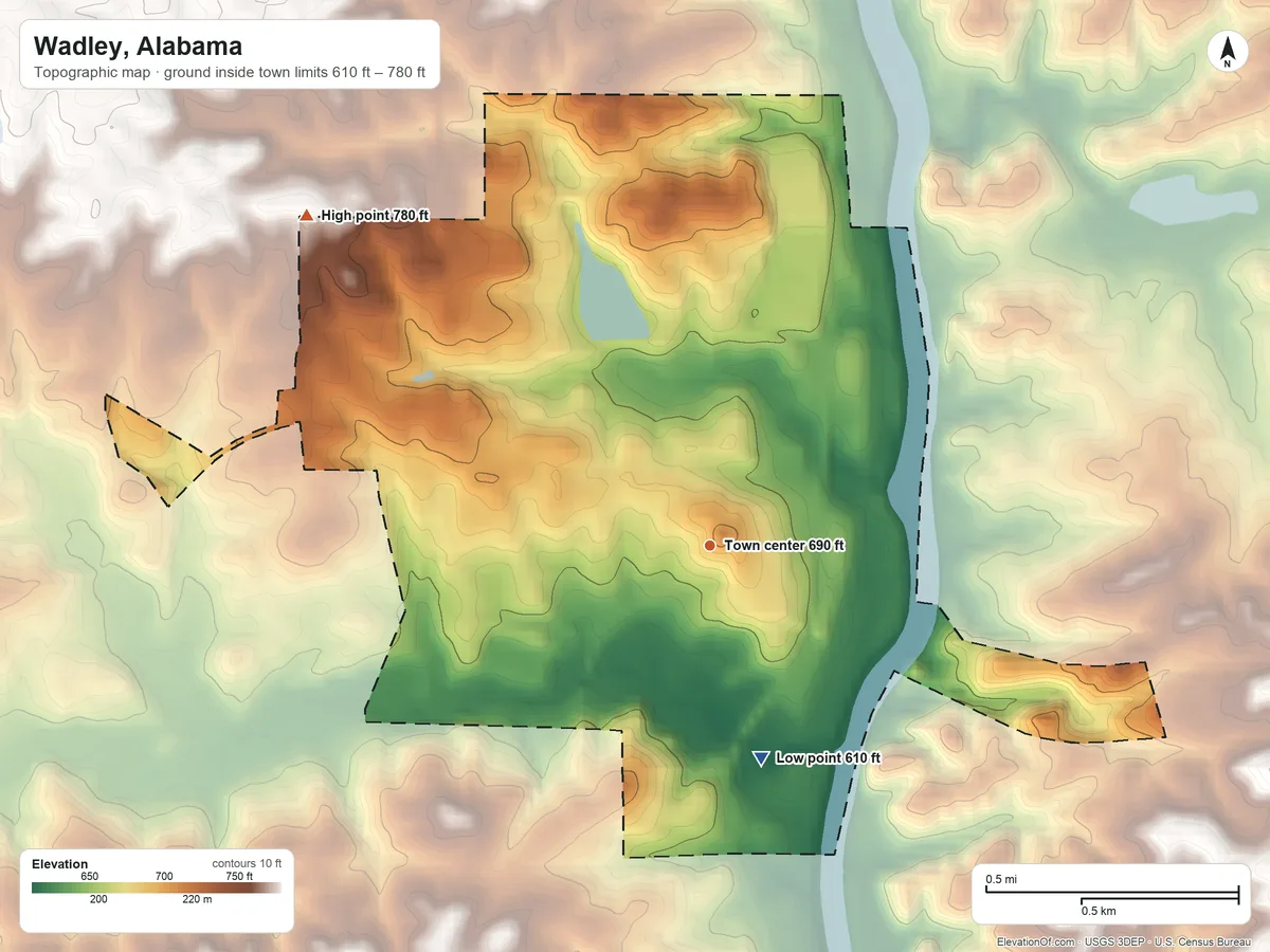 Topographic elevation map of Wadley, Alabama, shaded from 610 ft on the south side to 780 ft on the northwest side
