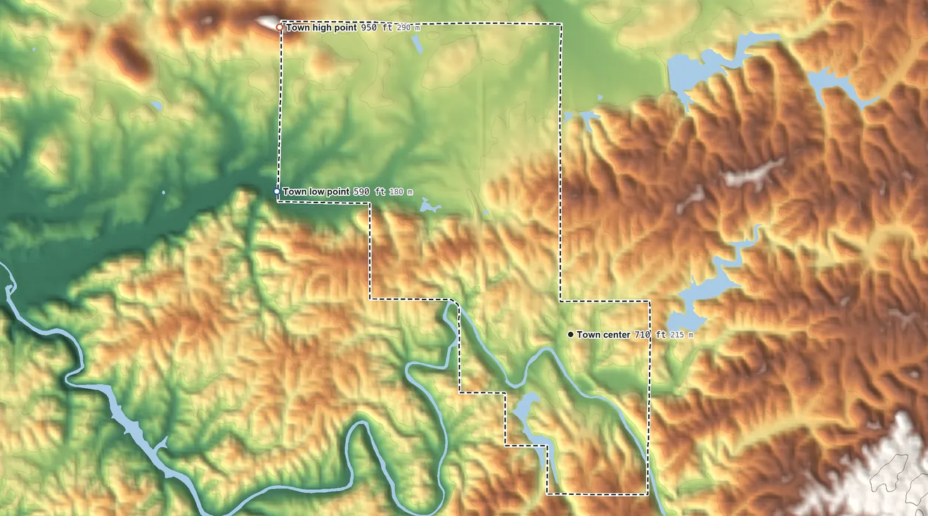 Topographic elevation map of Waldo, Alabama, shaded from 590 ft on the northwest side to 950 ft on the northwest side