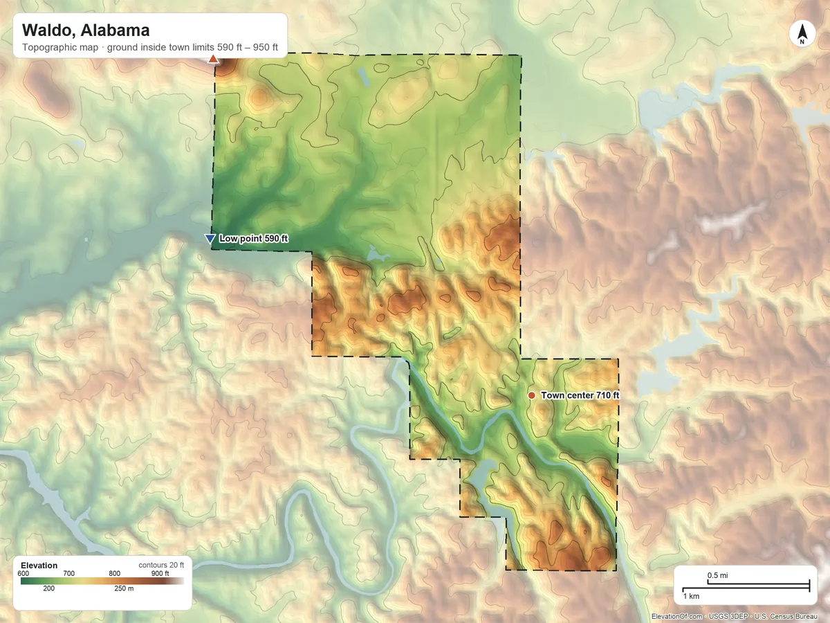 Topographic elevation map of Waldo, Alabama, shaded from 590 ft on the northwest side to 950 ft on the northwest side