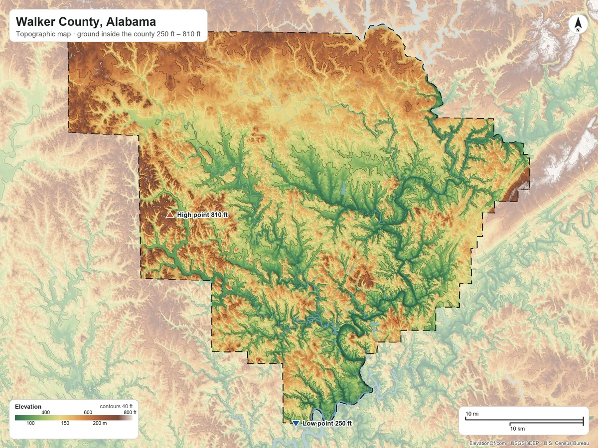 Topographic elevation map of Walker County, Alabama, shaded from 250 ft on the south side to 810 ft on Lockhart Hill