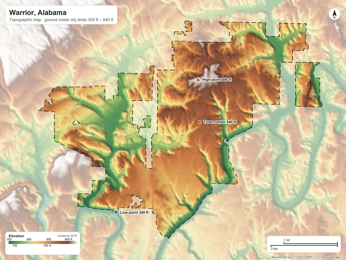 Topographic elevation map of Warrior, Alabama, shaded from 300 ft on the southwest side to 640 ft on the north side