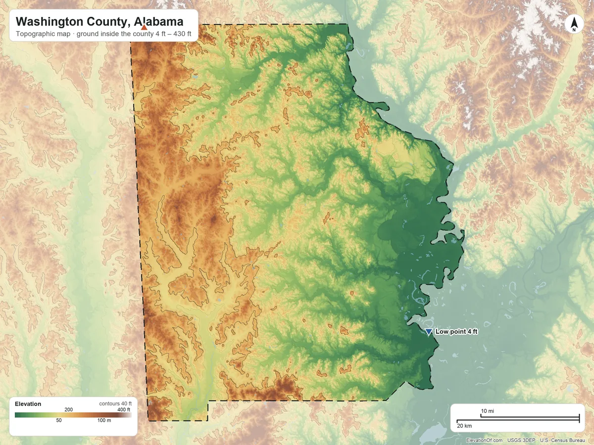 Topographic elevation map of Washington County, Alabama, shaded from 4 ft on the southeast side to 430 ft on the northwest side